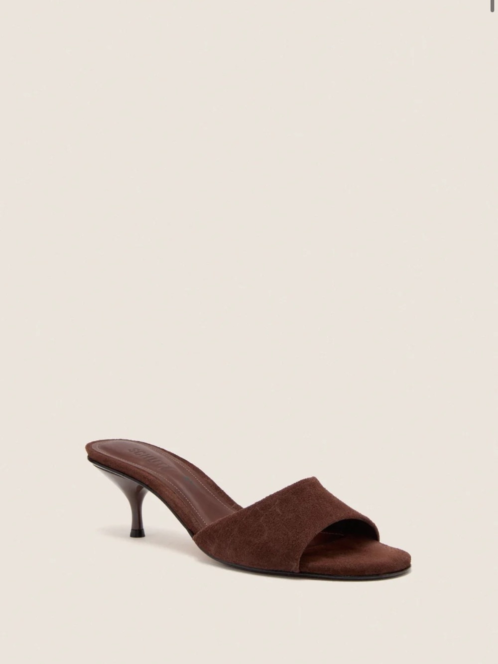 SCHUTZ Brown Suede Open-Toe Kitten Heel Slide